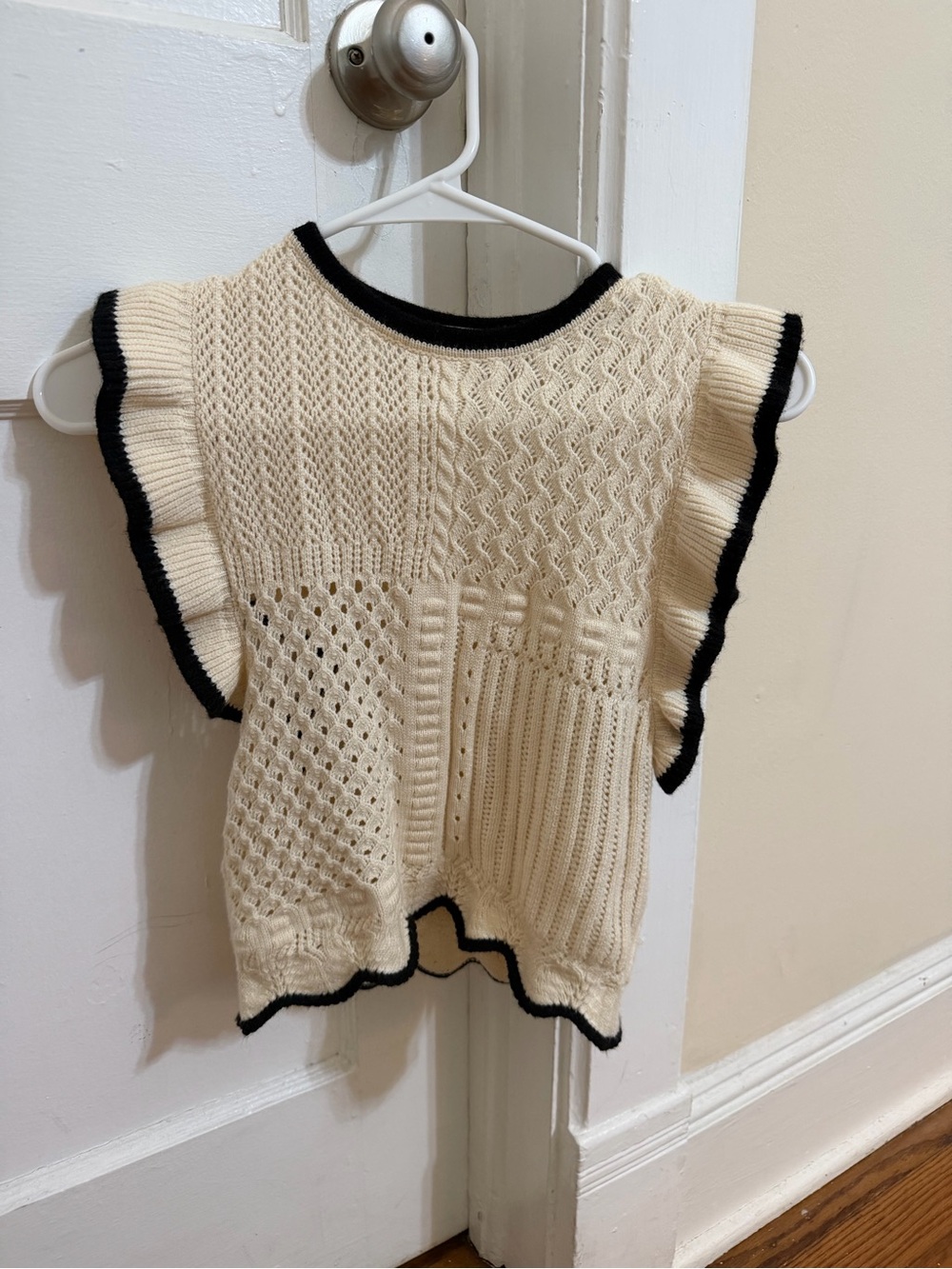Cream Knit Flutter Sleeve Sweater with Black Trim